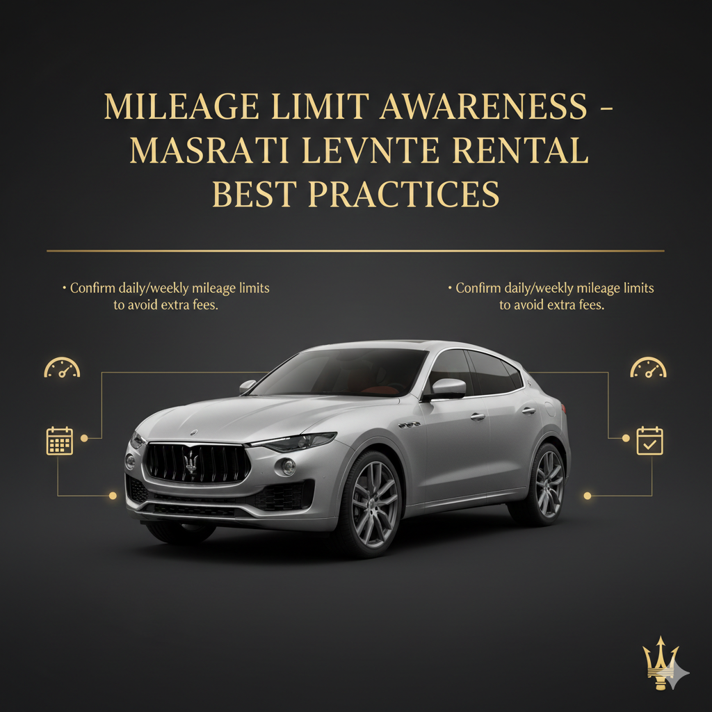 "Mileage Limit Awareness – Maserati Levante Rental Best Practices" "Infographic for 'Mileage Limit Awareness – Maserati Levante Rental Best Practices' showing title at the top, key mileage tip as a bullet on the sides, and a central high-quality Maserati Levante image with animated infographic-style icons for speedometer and odometer."
