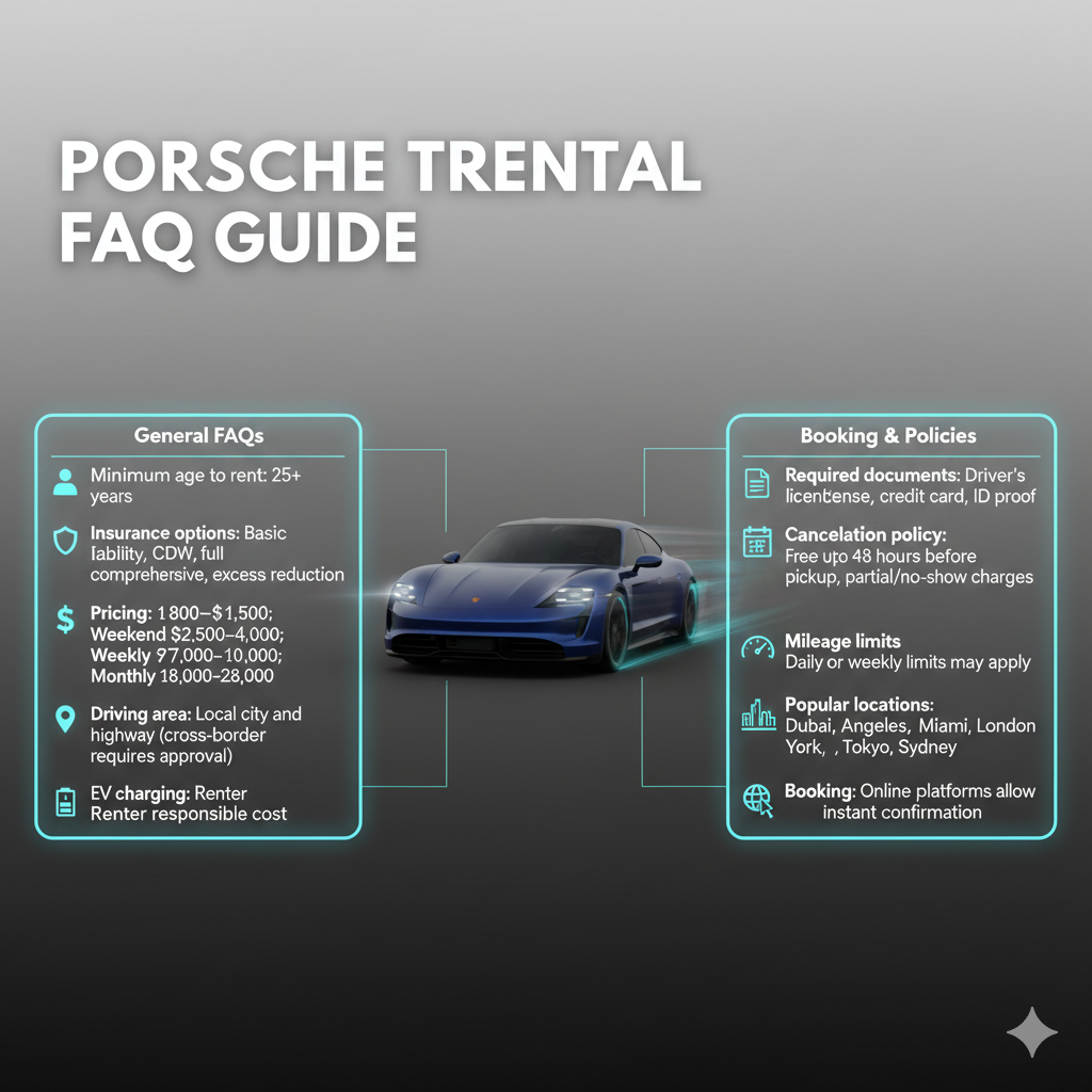 User guide style image showing Porsche Taycan in the center with animated effects, dynamic title at the top, and key FAQ bullet points on both sides.