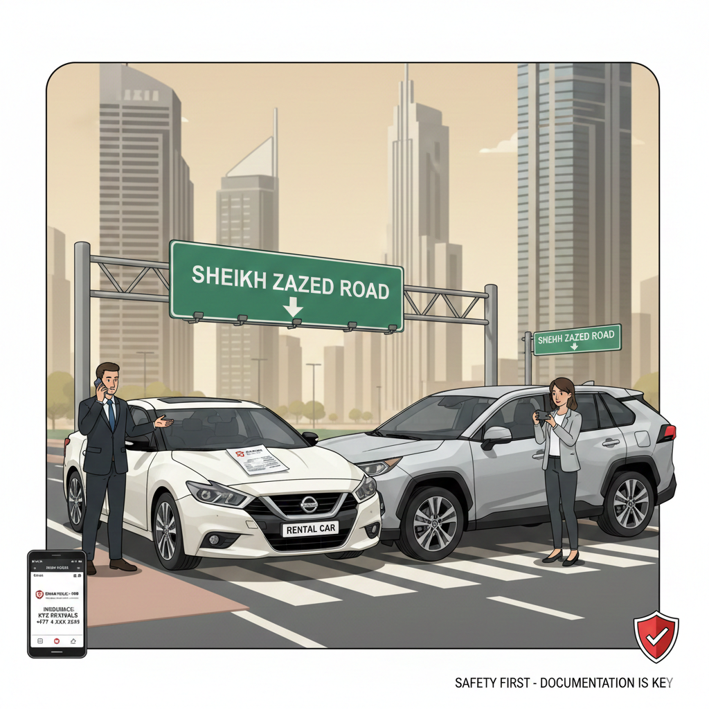 Illustration of a rental car accident in Dubai with driver contacting Dubai Police and documenting the scene, demonstrating the accident procedure for rental car Dubai.