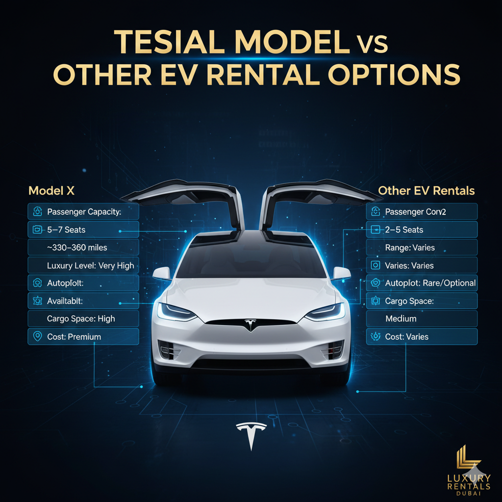 Tesla Model X vs Other EV Rental Options – User Guide Illustration Luxury infographic-style user guide showing Tesla Model X in the center with title at the top and side spaces for comparison points versus other EV rentals including Passenger Capacity, Range, Luxury Level, Autopilot, Cargo Space, and Cost.