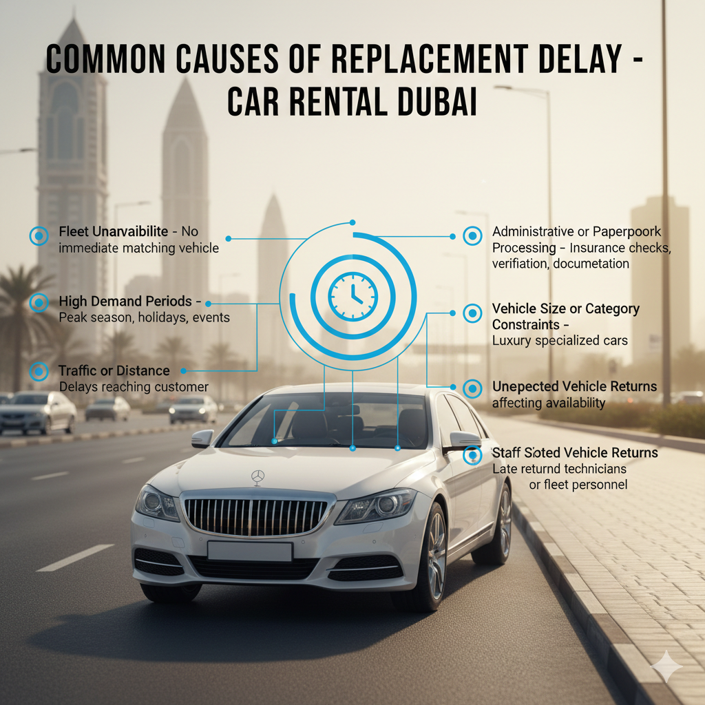 Visual guide showing common causes of car rental replacement delays in Dubai with luxury vehicle, highlighted delay indicators, and side bullet points.