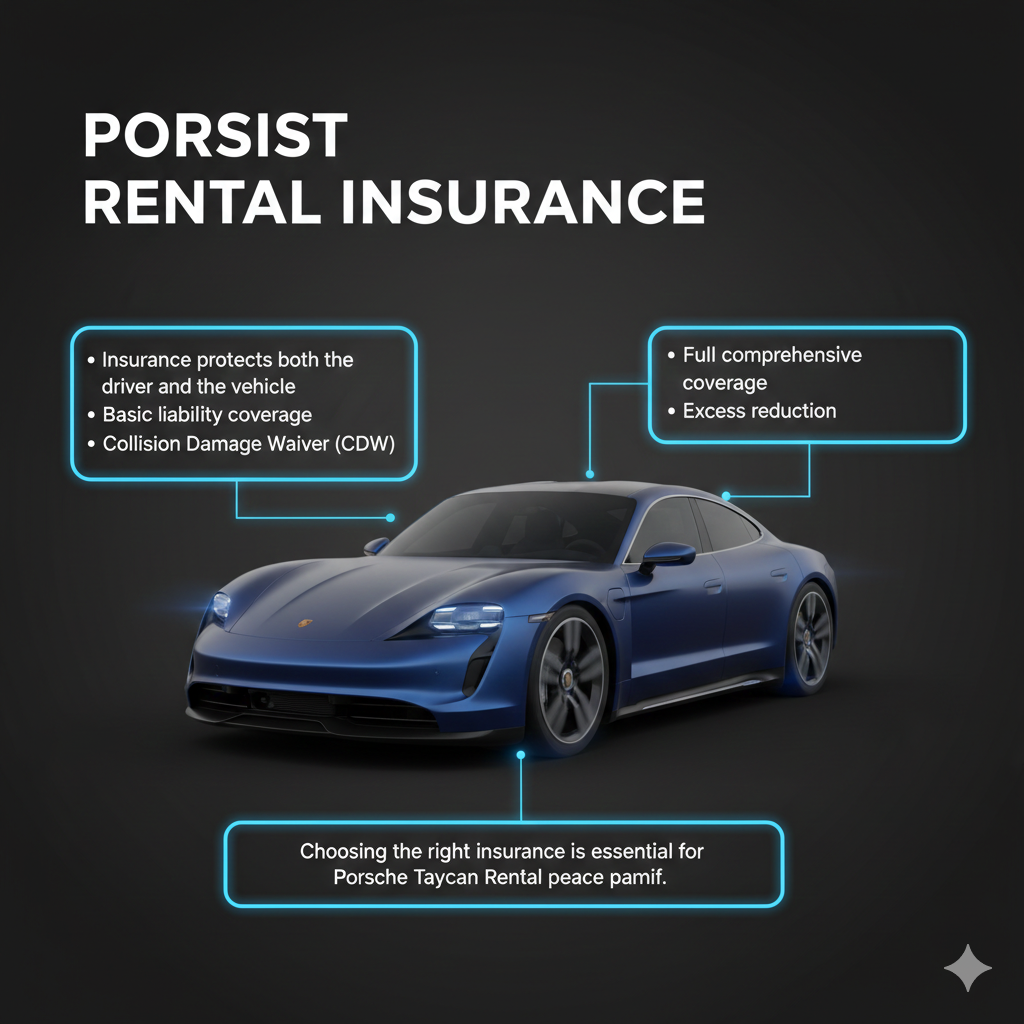User guide style image showing Porsche Taycan in the center with animated effects, dynamic title at the top, and insurance options bullet points on both sides.
