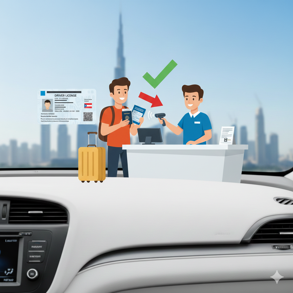 Illustrated case study showing tourist presenting original license and IDP at Dubai rental counter for legal driving approval
