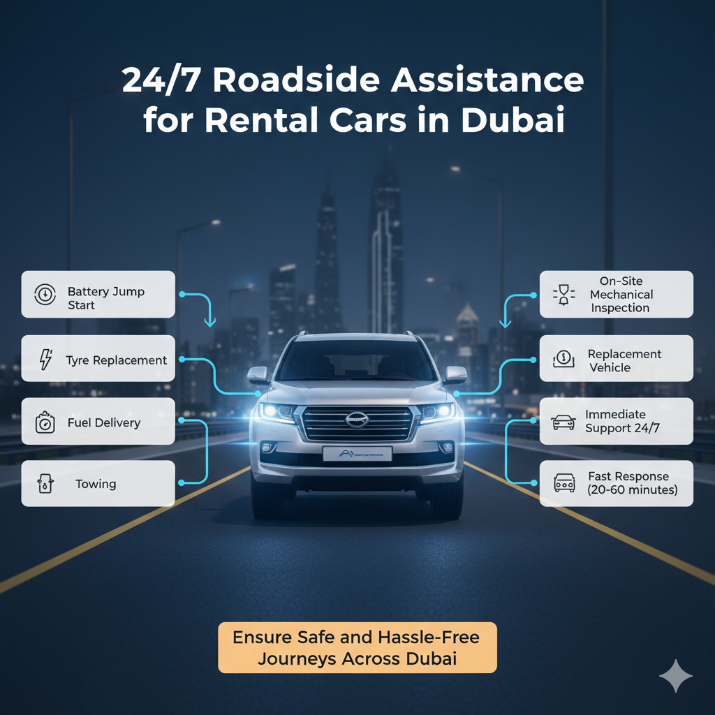 Infographic showing 24/7 roadside assistance services for rental cars in Dubai, with a central premium vehicle and side-listed key services including battery jump start, tyre replacement, fuel delivery, towing, mechanical inspection, replacement vehicle, immediate support, and fast response.