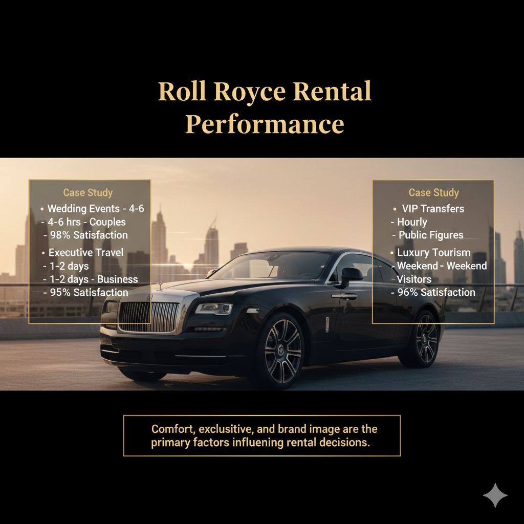 Rolls Royce Wraith rental performance infographic showing satisfaction rates for wedding, executive, VIP, and luxury tourism rentals in cinematic editorial layout