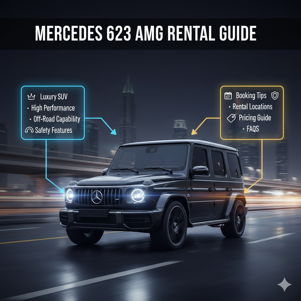 "Mercedes G63 AMG Rental Guide feature image with title on top, key points on sides, and luxury SUV at the center in animated infographic style."