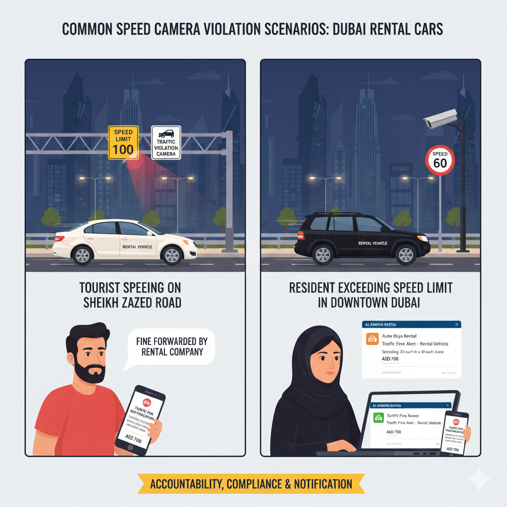 Common Scenarios and Violations – Speed Camera Fines Dubai 2026 Illustration of a tourist’s rental car speeding on Sheikh Zayed Road and a resident’s rental car exceeding city speed limits in Downtown Dubai, with traffic cameras capturing violations and drivers checking fine notifications on mobile devices.