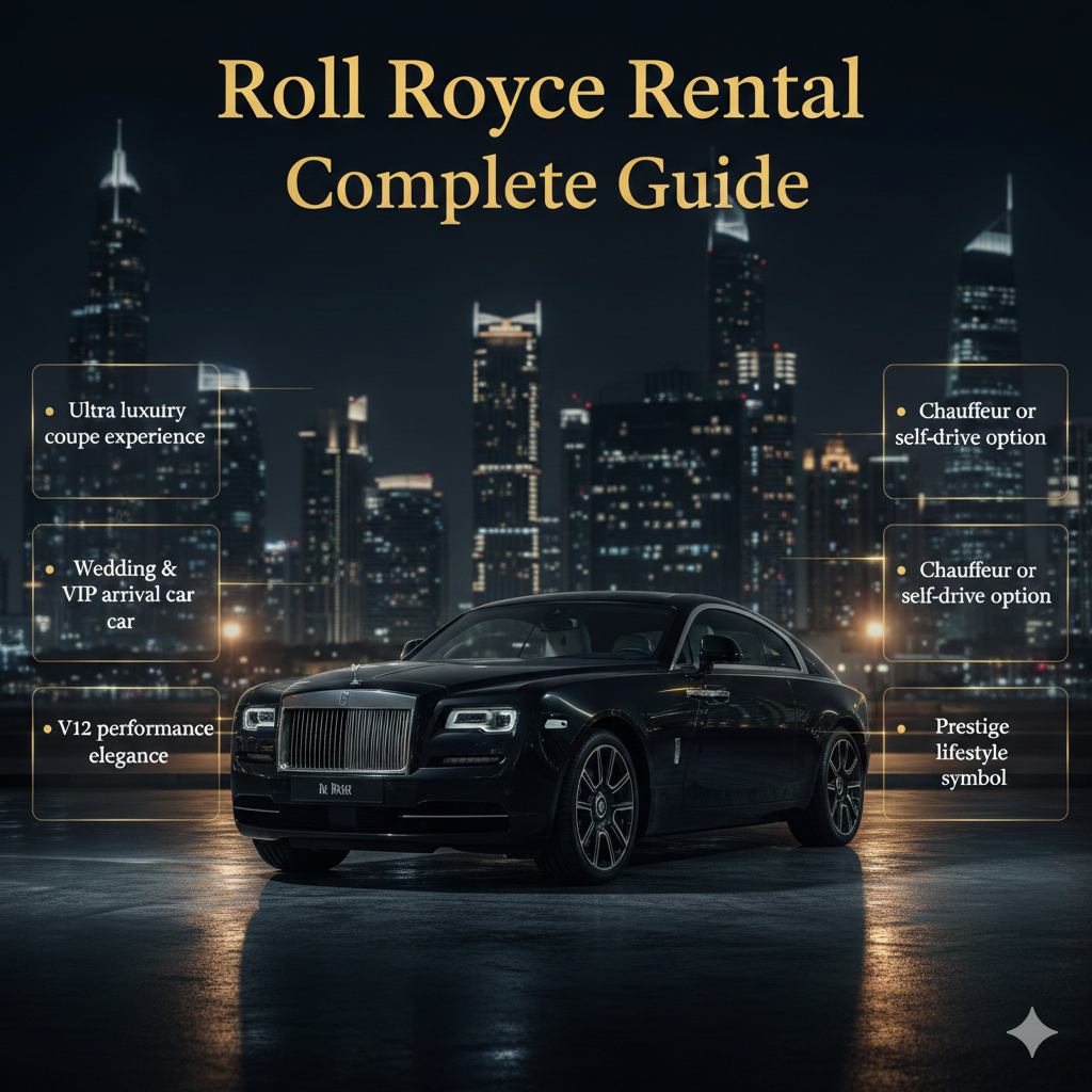 Rolls Royce Wraith luxury rental guide feature image showing premium coupe with highlighted key benefits and elegant editorial layout
