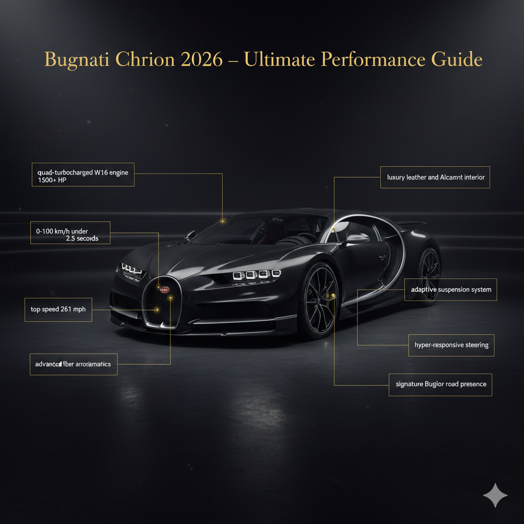 Bugatti Chiron 2026 hypercar in cinematic editorial style with core features highlighted as infographic points around the car
