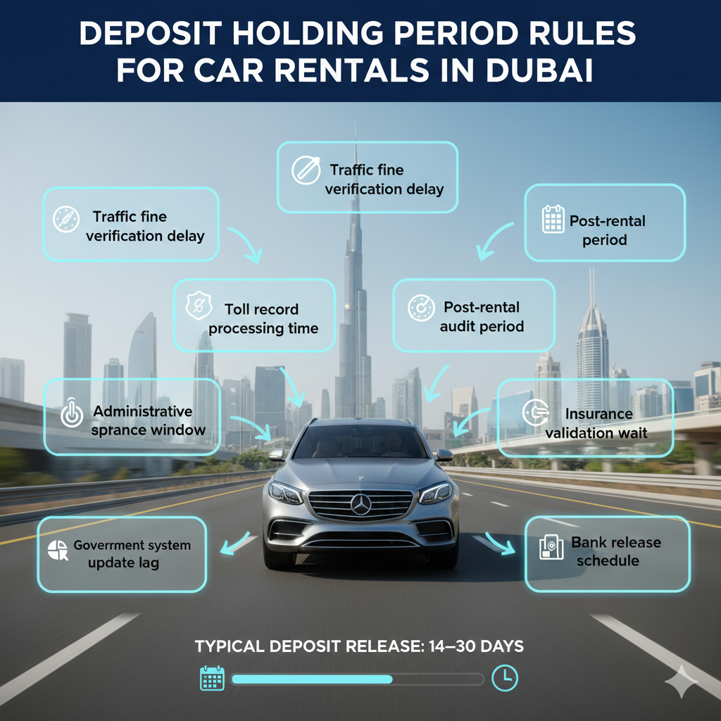“Animated user guide showing deposit holding period rules for Dubai car rentals, featuring a luxury car in the center, side points like traffic fine verification, toll processing, post-rental audit, and a timeline indicating 14–30 days release.”
