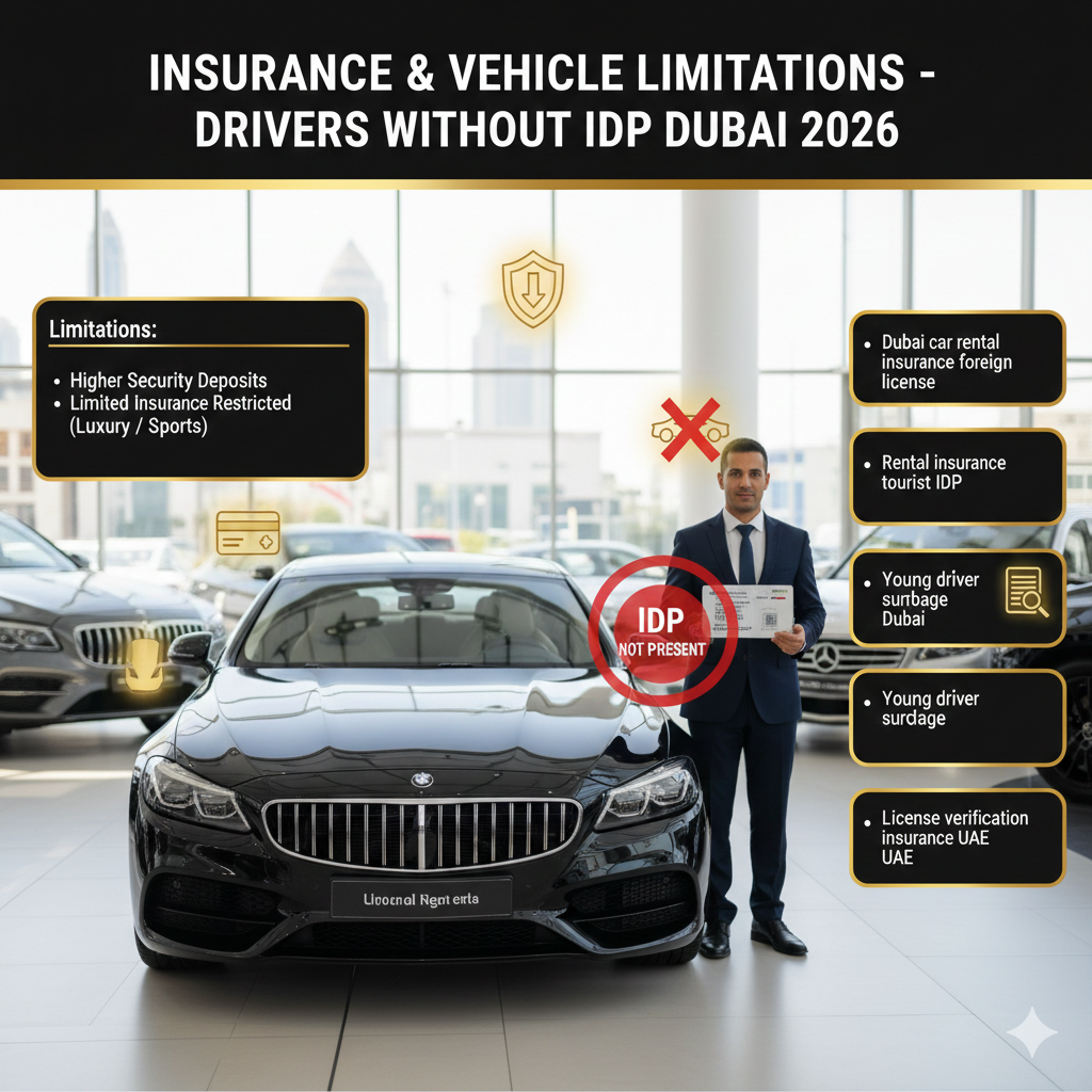 Infographic showing insurance and vehicle limitations for drivers without an IDP in Dubai, including higher security deposits, limited insurance, and luxury/sports vehicle restrictions.
