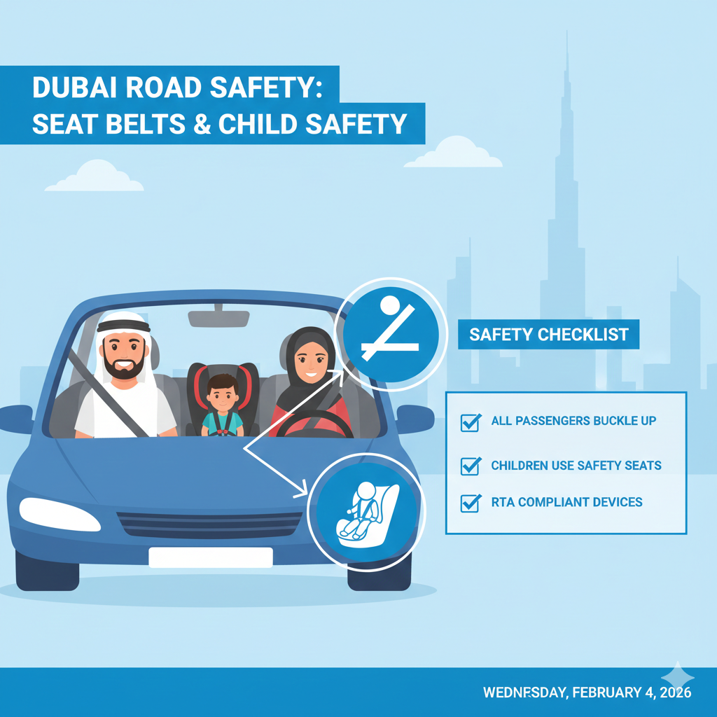 Infographic showing seat belt and child car seat safety rules for Dubai residents