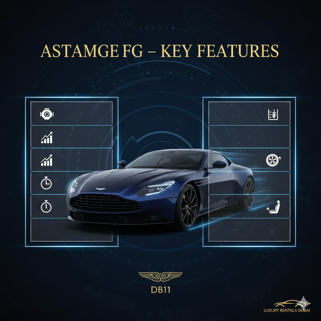Infographic-style user guide showing Aston Martin DB11 in the center with title at the top and side spaces for key feature points like engine, horsepower, top speed, 0–60 mph, drive type, transmission, and seating.