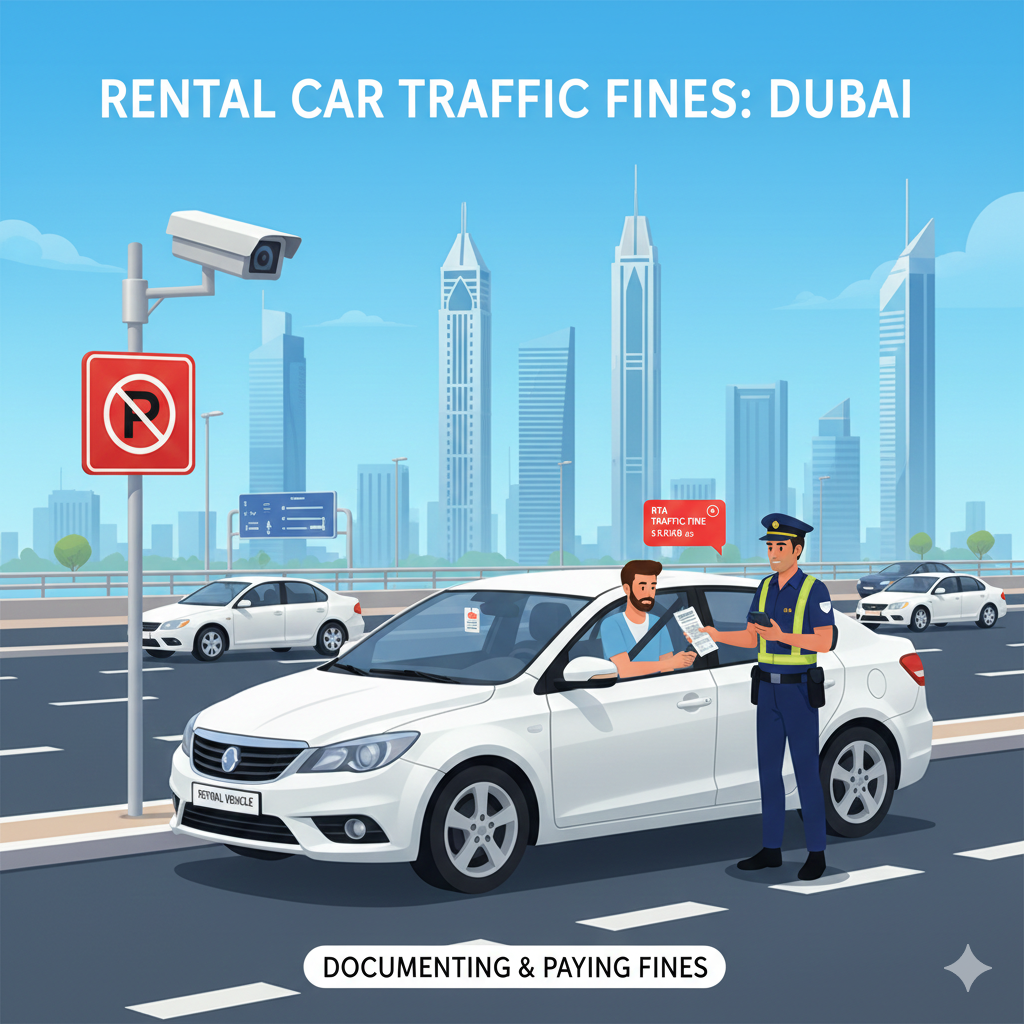 Illustration of a rental car in Dubai receiving a traffic fine, with an RTA officer, driver checking a mobile notification, and urban traffic signs in the background.