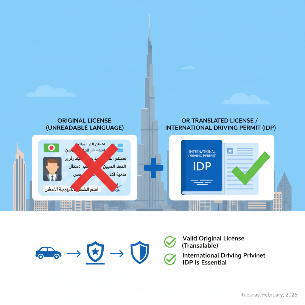 Visual comparing unreadable foreign license with translated license or IDP, highlighting compliance with tourist driving laws in Dubai