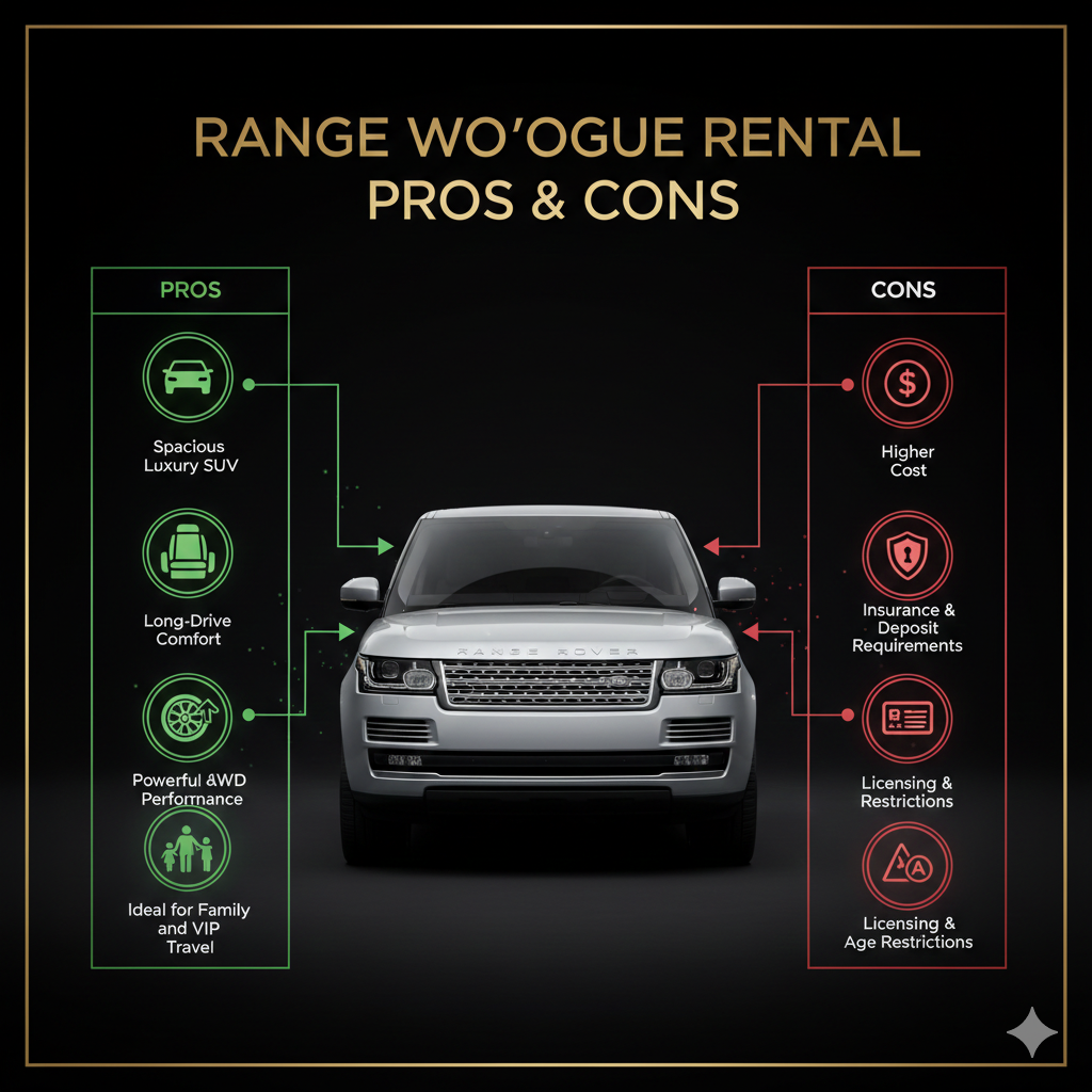 "Infographic showing Range Rover Vogue rental pros and cons with central luxury SUV and side comparison panels."