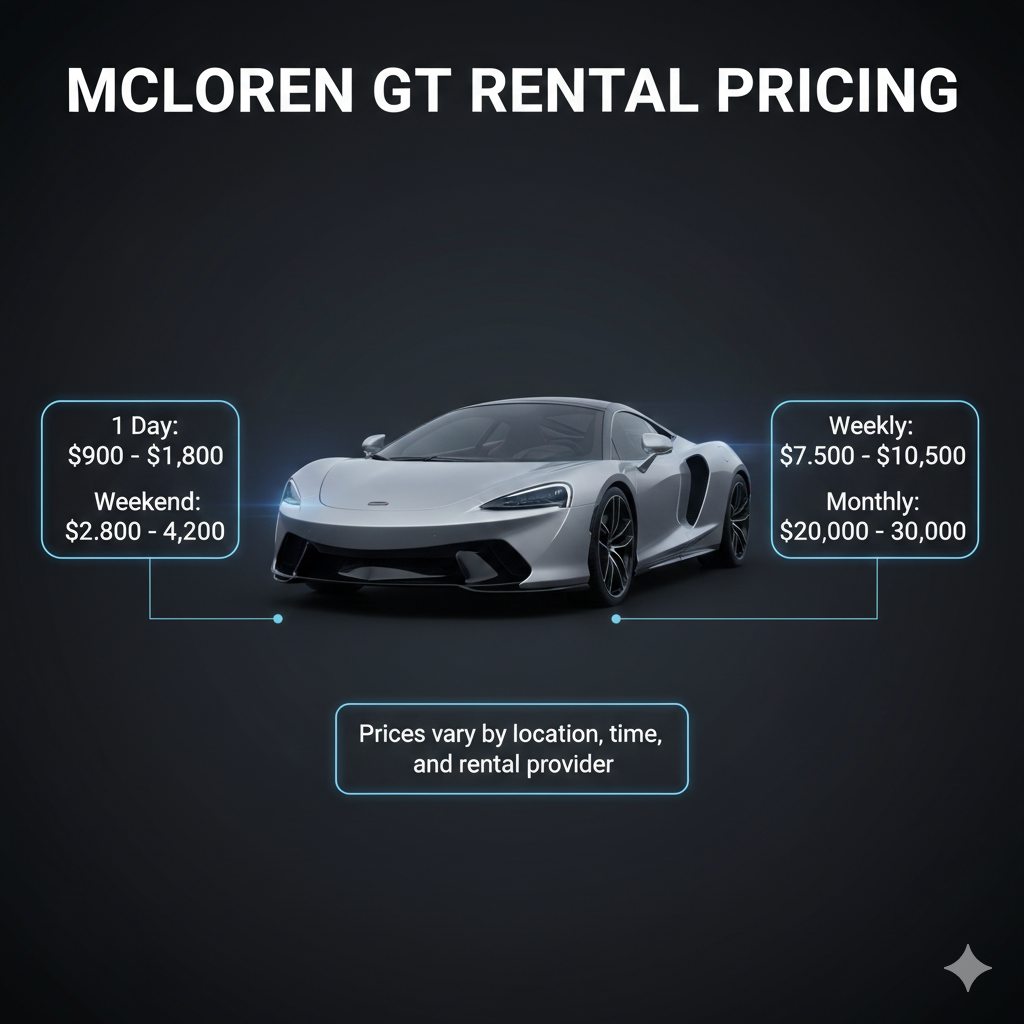 User guide style image showing McLaren GT in the center with animated effects, dynamic title at the top, and rental pricing bullet points on both sides.
