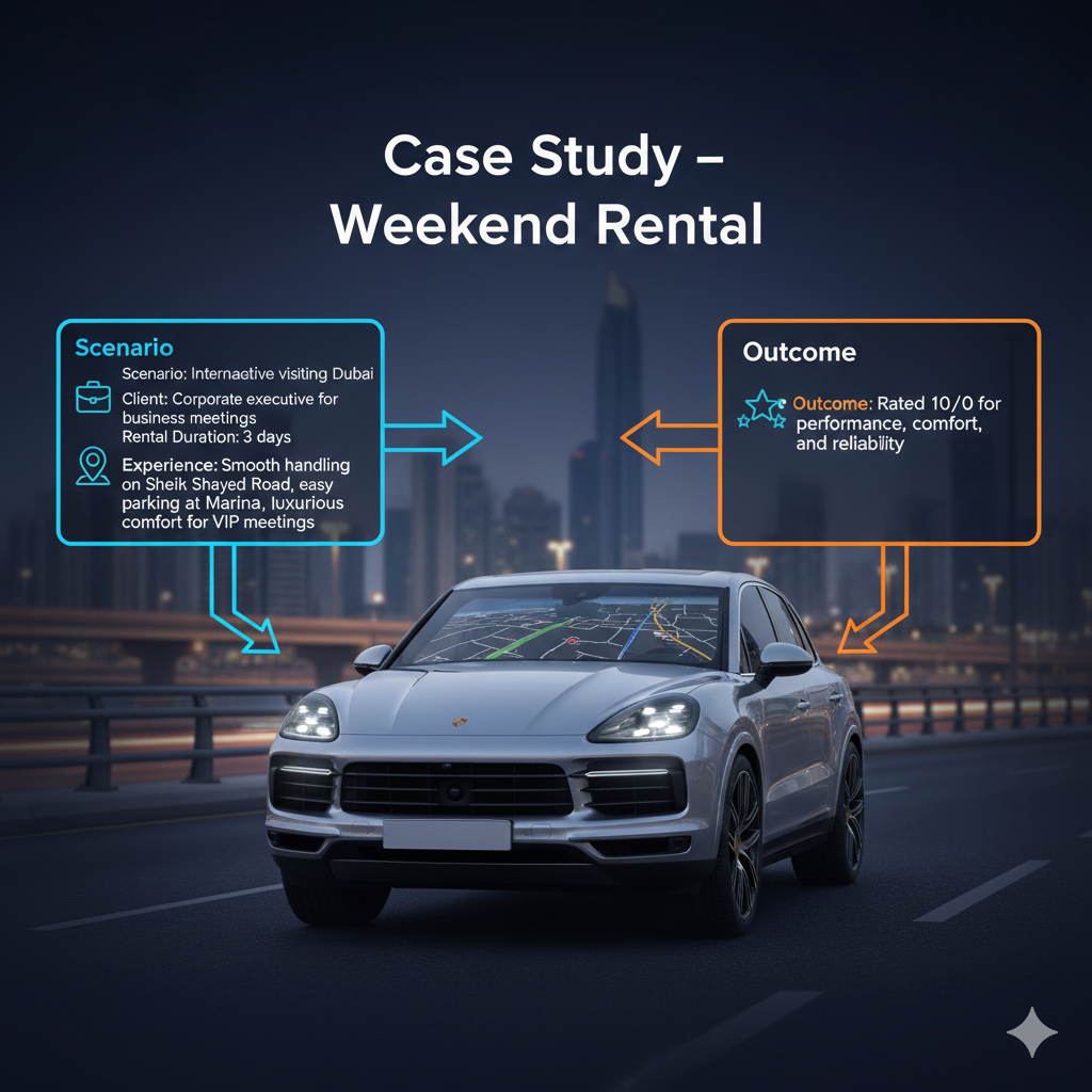 "Infographic showing a Porsche Cayenne Turbo weekend rental case study in Dubai, central branded car with glowing headlights, scenario and outcome displayed on sides, title on top."