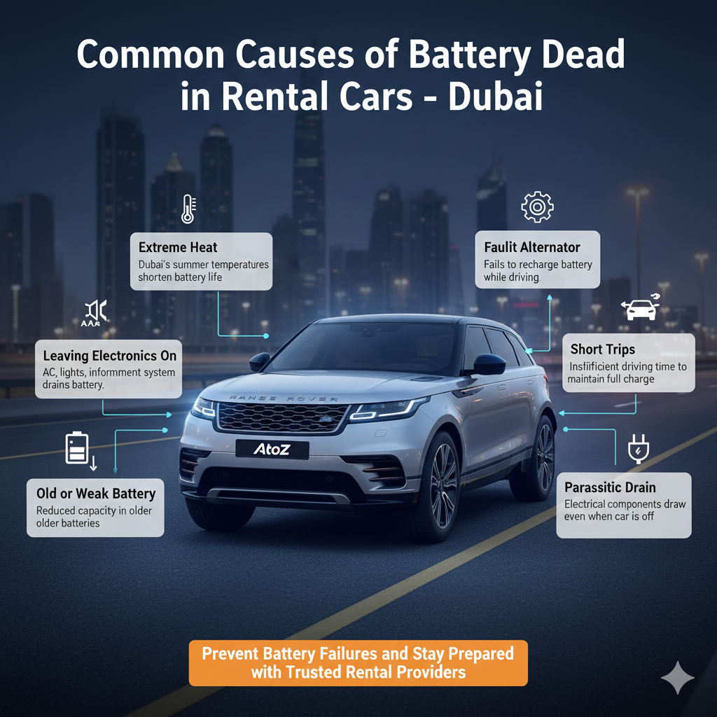 Infographic showing common causes of battery dead in rental cars in Dubai, with a central premium vehicle and side-listed causes including extreme heat, leaving electronics on, old or weak battery, faulty alternator, short trips, and parasitic drain.