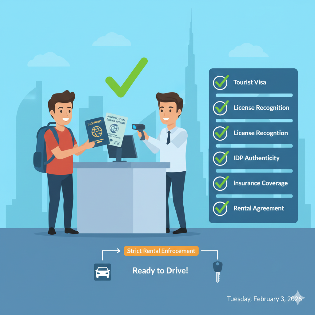 Visual of a tourist presenting passport, foreign license, and IDP at a Dubai rental counter with checklist icons showing verification of visa, license, IDP, insurance, and rental agreement under tourist driving laws
