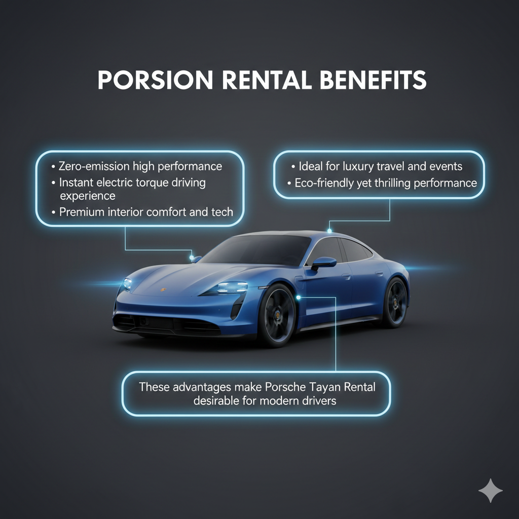 User guide style image showing Porsche Taycan in the center with animated effects, dynamic title at the top, and benefits bullet points on both sides.
