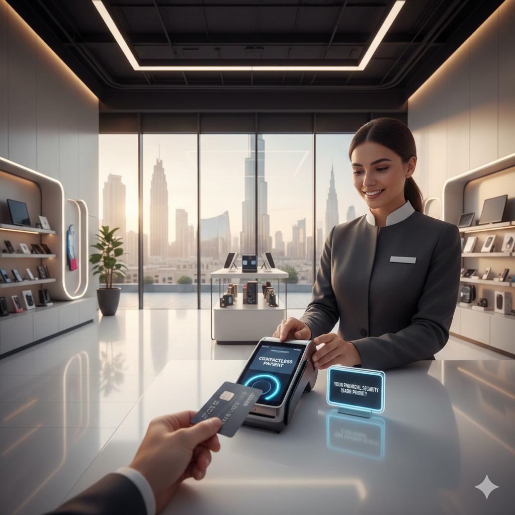 Dubai retail store cashier processing a debit card payment at a modern POS terminal with contactless reader, illustrating debit card acceptance rules Dubai