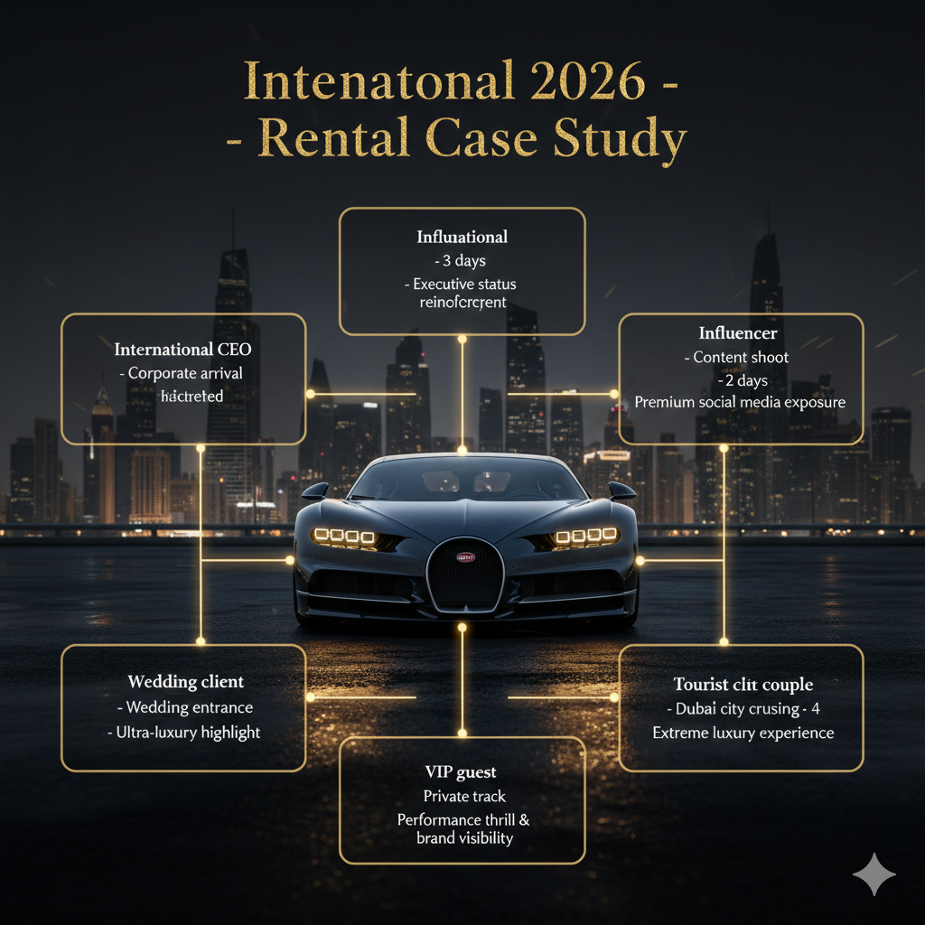 Bugatti Chiron 2026 luxury rental case study infographic showing client types, purposes, duration, and outcomes around hypercar in Dubai