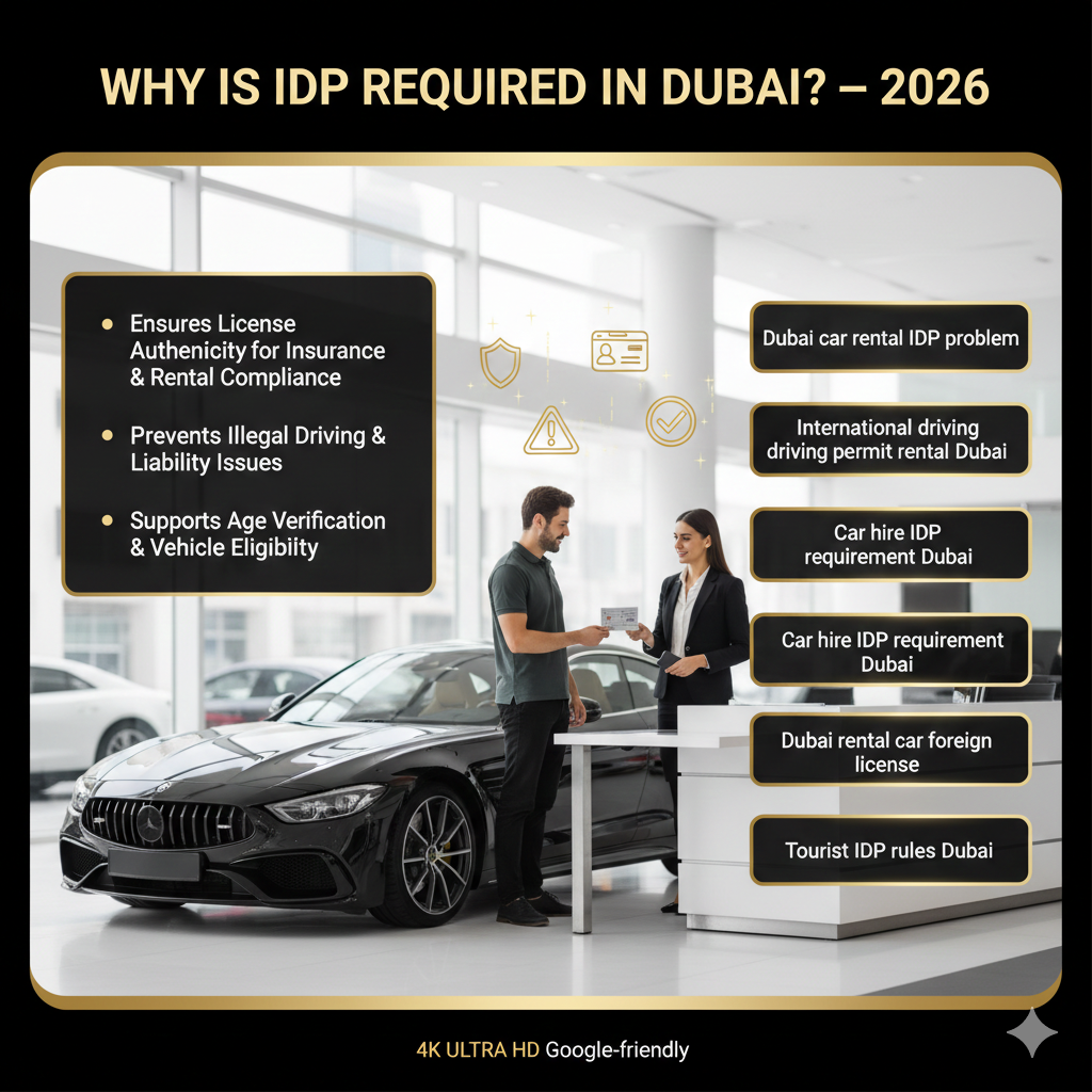 Infographic showing why an International Driving Permit (IDP) is required for tourists renting cars in Dubai, highlighting license authenticity, insurance compliance, age verification, and vehicle eligibility.