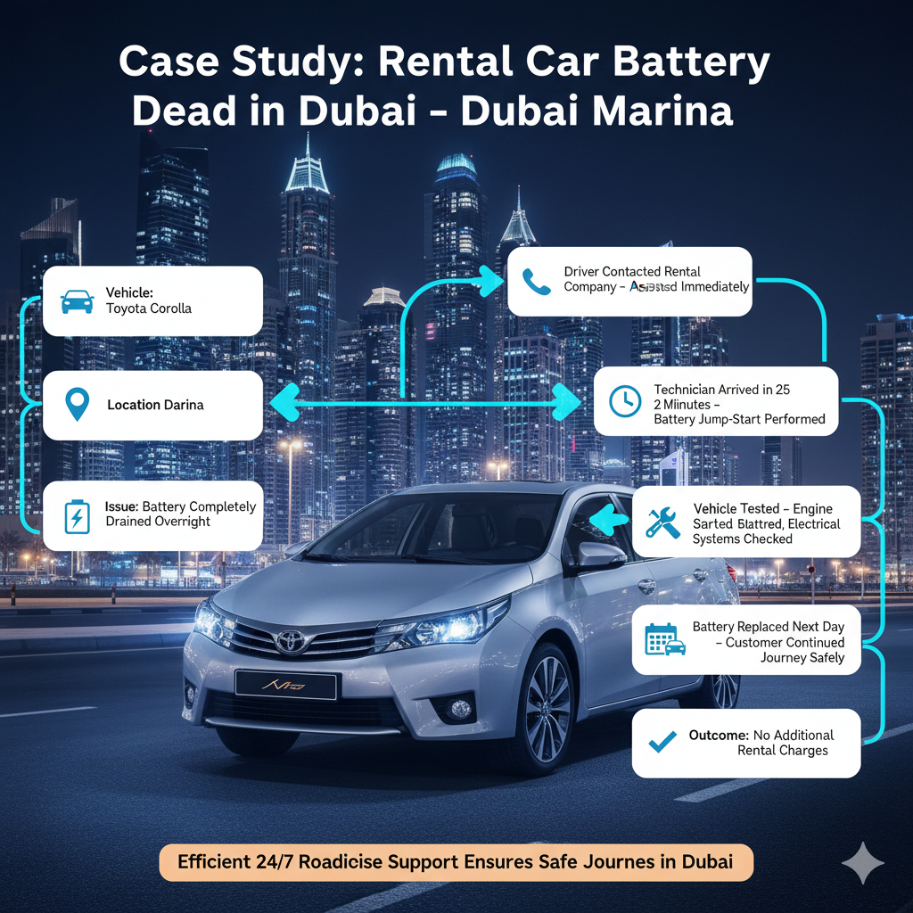 Infographic showing a rental car battery dead case study in Dubai Marina, with a central Toyota Corolla and side-listed details including battery drained overnight, roadside assistance timeline, battery jump-start, testing, replacement, and safe continuation of journey.