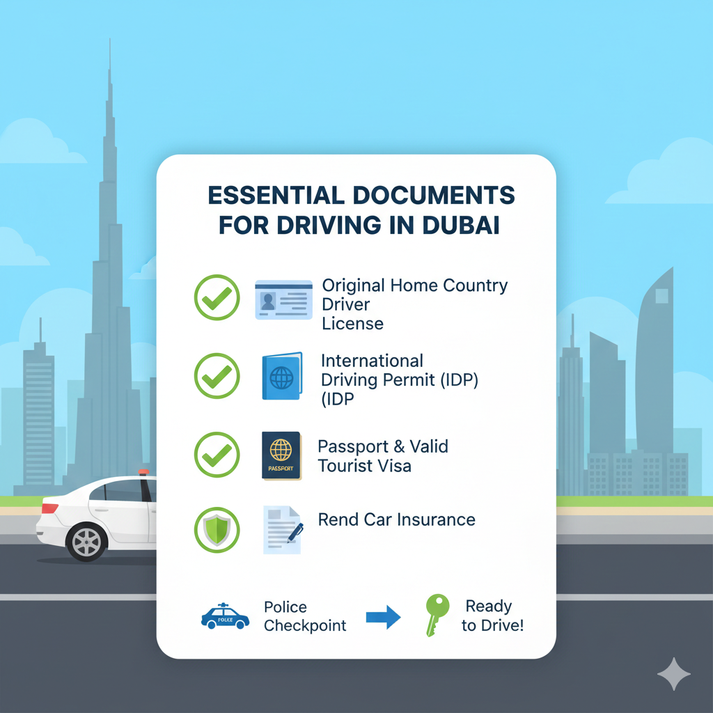 Infographic showing original driver license, IDP, passport, rental agreement, and insurance, emphasizing compliance under Dubai tourist driving laws