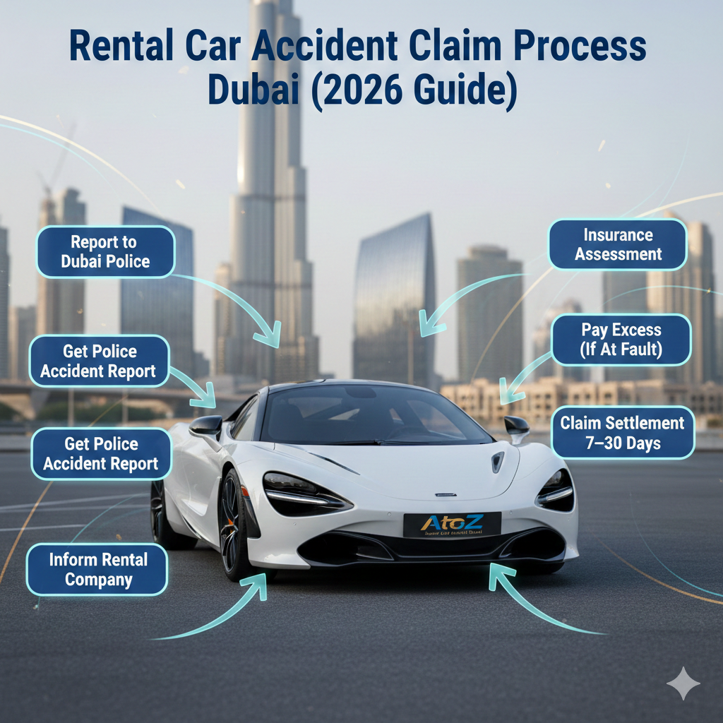 Infographic style image showing rental car accident claim process in Dubai with police report steps, insurance assessment, excess payment details, and AtoZ Super Car Rental Dubai vehicle branding in modern layout.