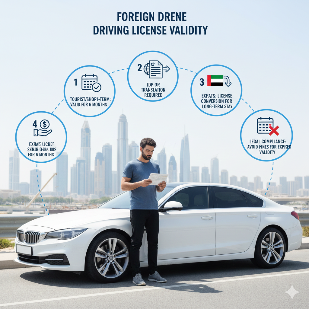 Foreign driver in Dubai checking license validity rules including IDP, conversion, and legal compliance.