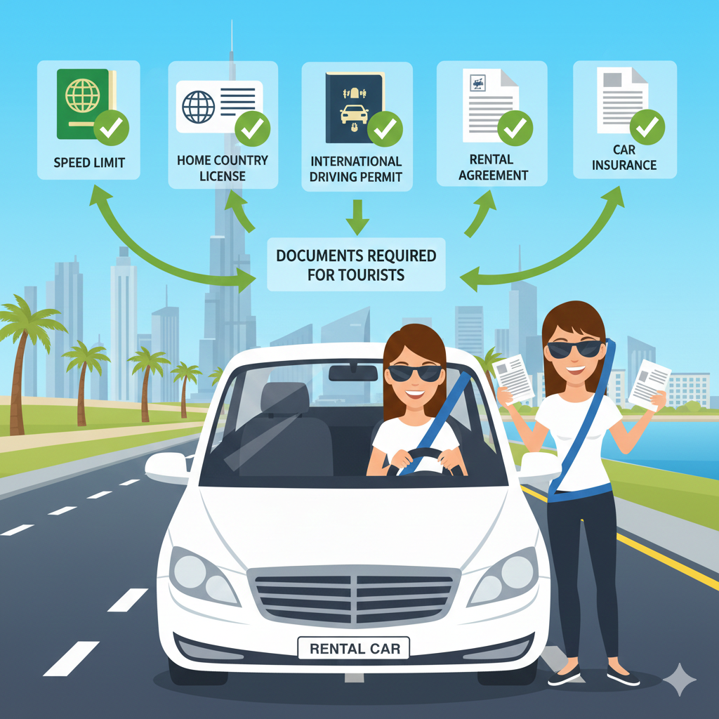 Licence & Documentation – Tourist Driving Laws Dubai “Tourist with rental car in Dubai, infographic showing home driving licence, IDP, passport, visa, rental agreement, and insurance documents, user guide style illustration for understanding tourist driving laws.”