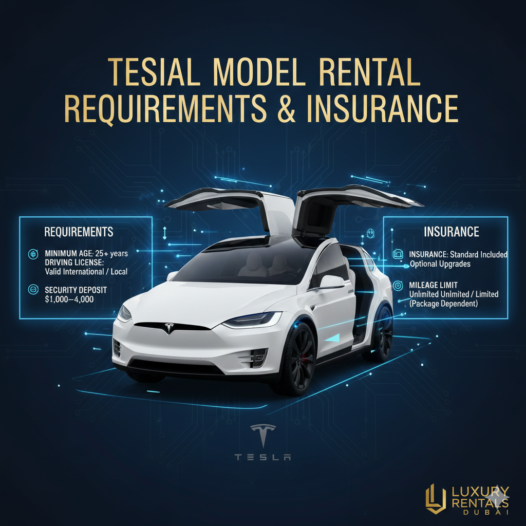 Tesla Model X Rental Requirements & Insurance – User Guide Illustration Luxury infographic-style user guide showing Tesla Model X in the center with title at the top and side spaces for rental requirements and insurance points including Minimum Age, Driving License, Security Deposit, Insurance, and Mileage Limit in animated infographic style.