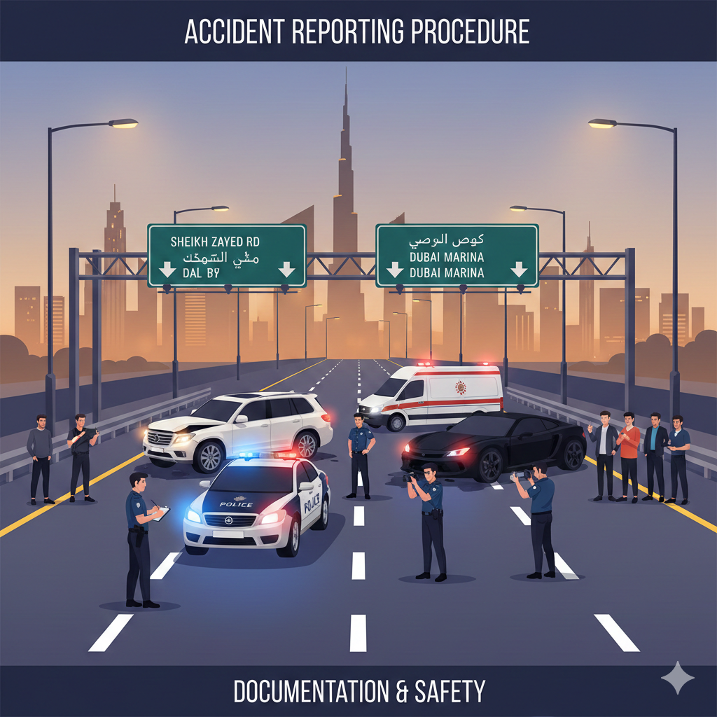 Illustration of a major car accident in Dubai with police, ambulance, and drivers documenting the scene according to 2026 reporting rules.