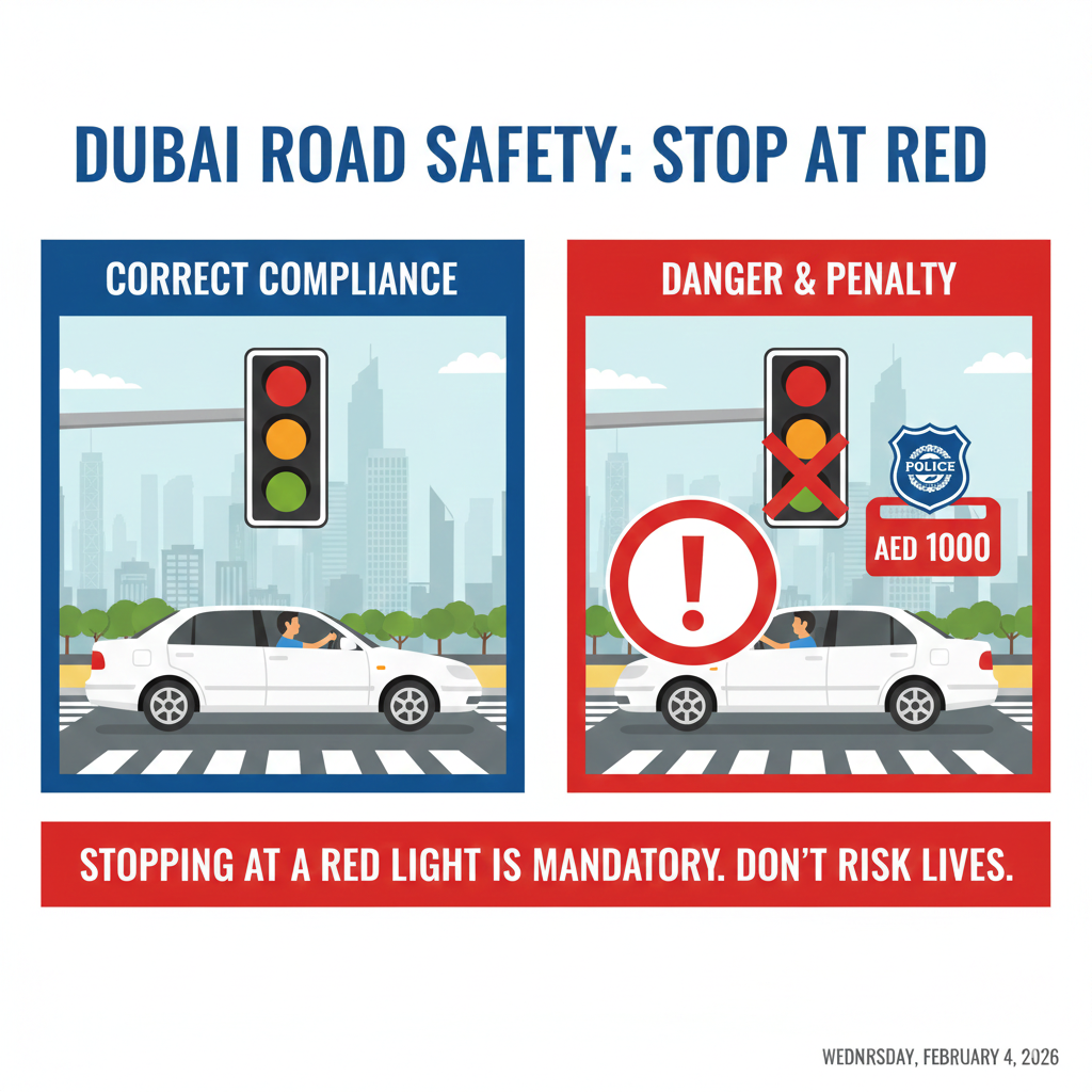 Infographic showing red light violation penalties and traffic signal safety rules in Dubai