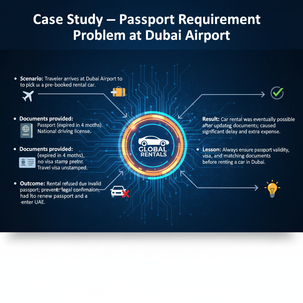 Feature image for user guide titled 'Case Study — Passport Requirement Problem at Dubai Airport', showing key scenario points on left and right sides, with a central brand image highlighted using animated infographic elements.