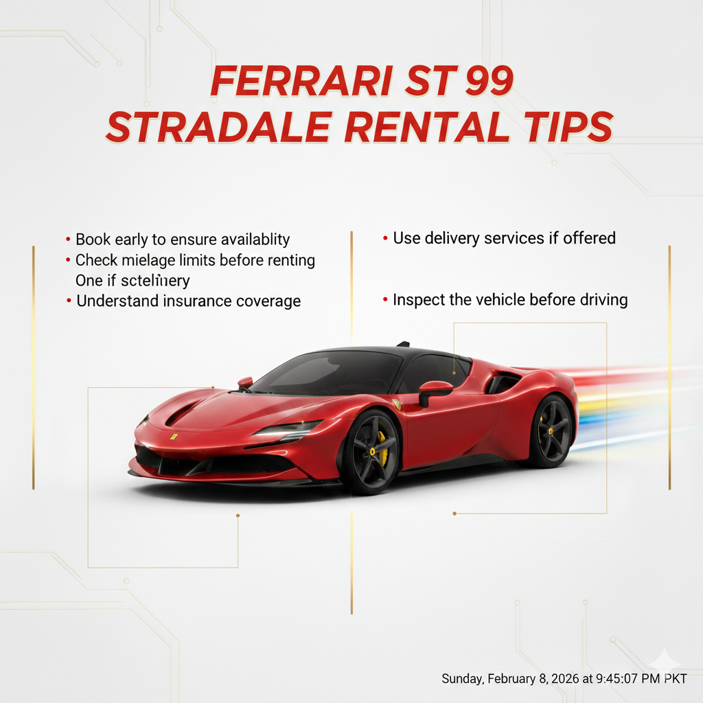 "Ferrari SF90 Stradale Rental Tips 2026 – User Guide Visual" "Animated high-resolution user guide image showing Ferrari SF90 Stradale Rental Tips 2026, with the title at the top, central car illustration, and side bullet points listing key rental tips."