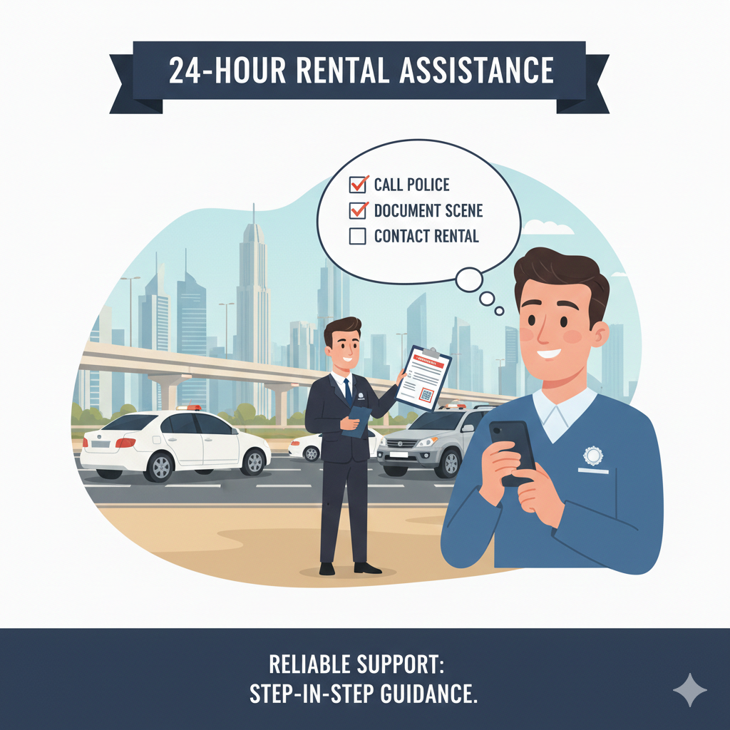 24-Hour Assistance During the Accident Procedure for Rental Car Dubai Visual showing a rental car driver in Dubai receiving 24-hour assistance from a rental company representative, completing the accident procedure for rental car Dubai.