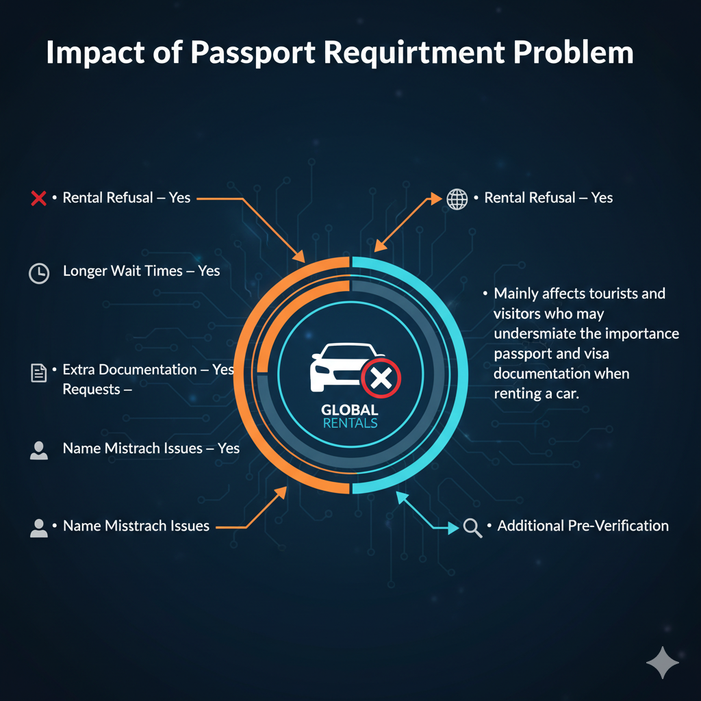 Feature image for user guide titled 'Impact of Passport Requirement Problem', showing key impacts on left and right sides, with a central brand image highlighted using animated infographic elements.