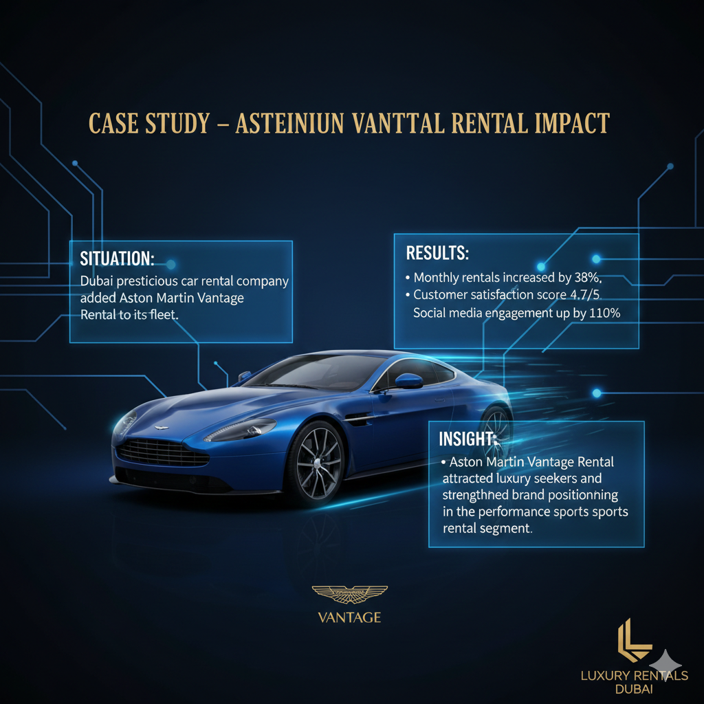 Infographic-style user guide showing Aston Martin Vantage in the center with title at the top and side spaces for case study points including Situation, Results, and Insight of Vantage rental impact.
