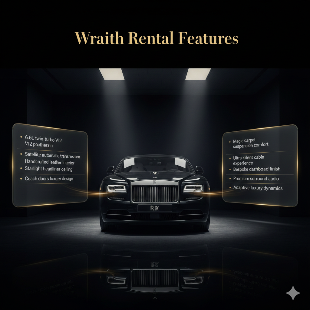 Rolls Royce Wraith feature infographic showing luxury coupe with highlighted performance and interior features in premium editorial layout
