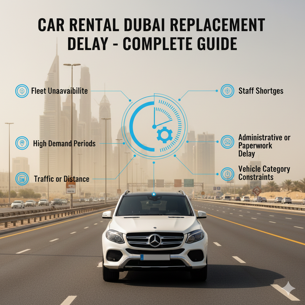 Visual guide showing car rental replacement delay in Dubai with luxury vehicle, highlighted delay indicators, and side bullet points for common causes.