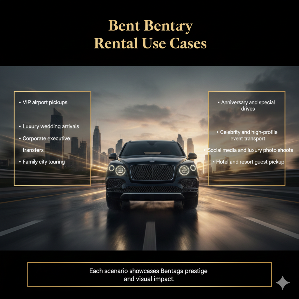 Bentley Bentayga rental use cases infographic showing VIP, wedding, corporate, family, anniversary, and celebrity scenarios in cinematic Dubai luxury editorial layout.