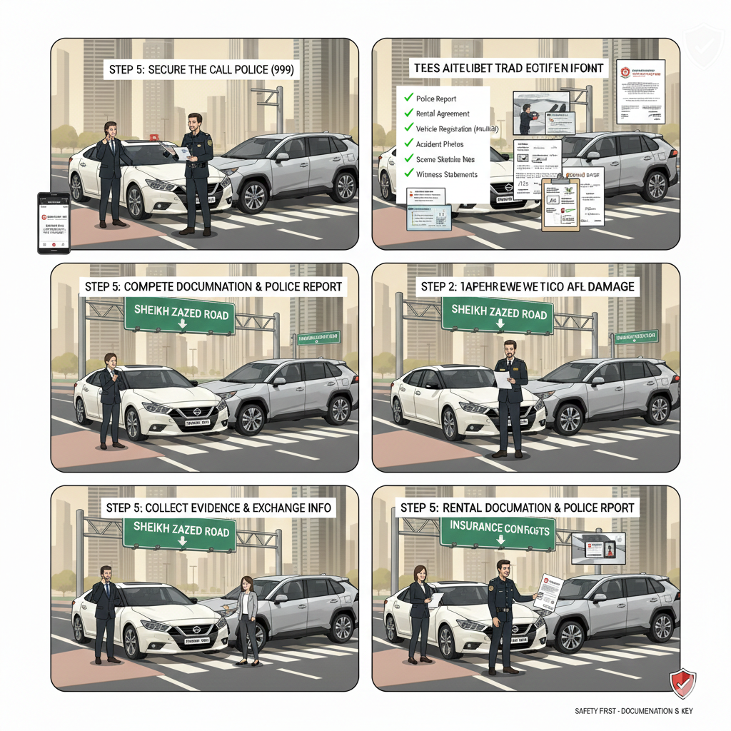 Requirements for the Accident Procedure for Rental Car Dubai Visual guide showing a Dubai Police report, vehicle registration, accident photos, sketches, and witness statements, representing requirements for the accident procedure for rental car Dubai.