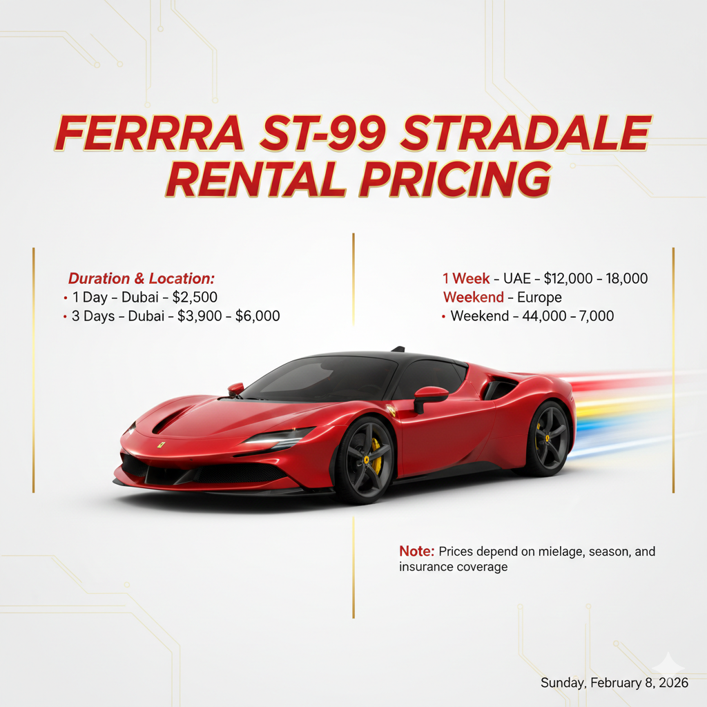 "Ferrari SF90 Stradale Rental Pricing – 2026 User Guide" "Animated user guide image showing Ferrari SF90 Stradale rental pricing for 2026 with title at top, central car illustration, and rental durations and prices displayed as side points."