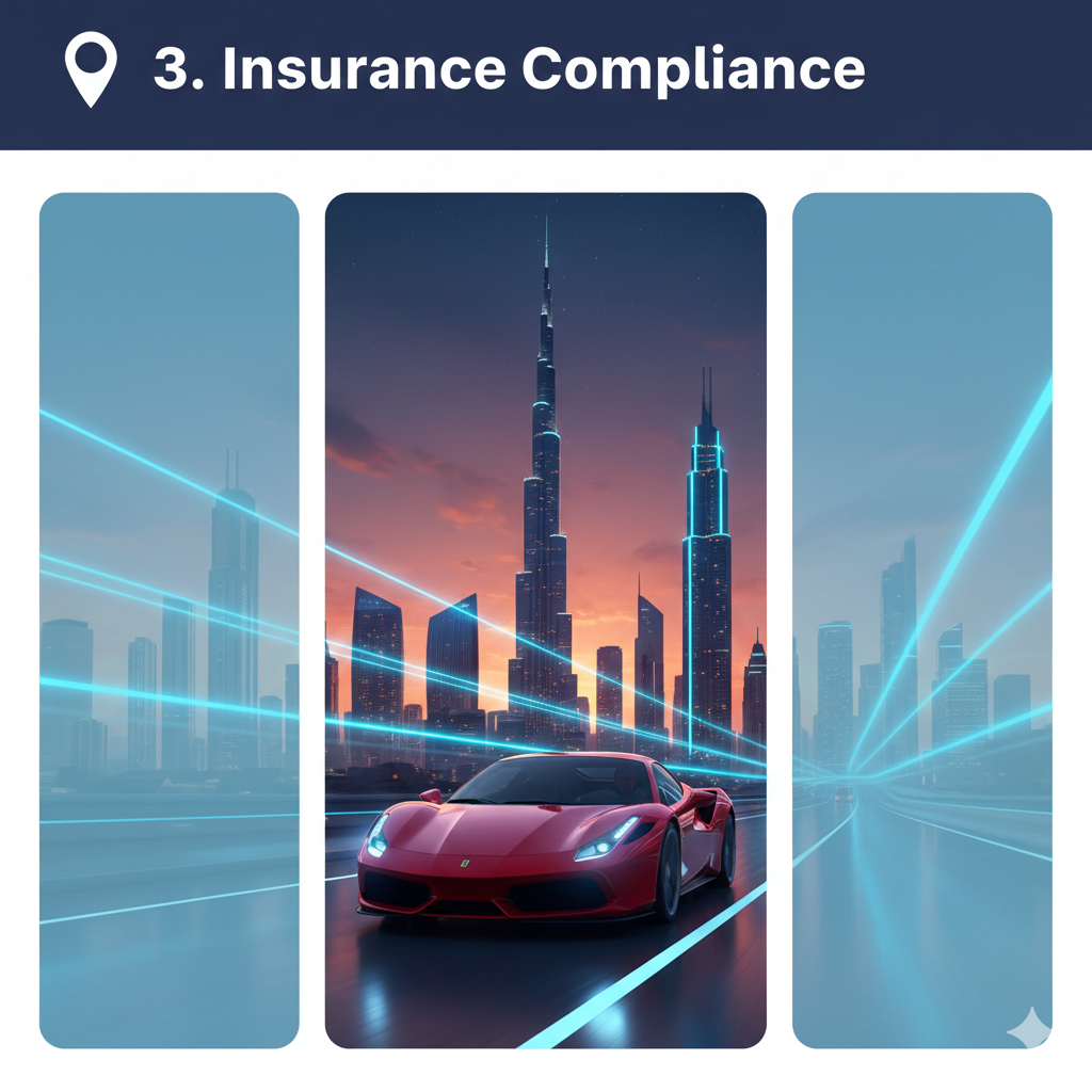 "3. Insurance Compliance" "User guide image showing the title '3. Insurance Compliance' at the top, luxury animated-style car in the center with Dubai skyline, and empty side spaces for key points."