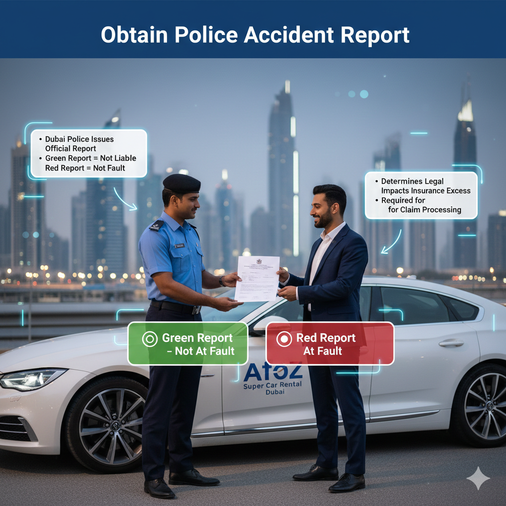 Infographic image showing Dubai Police accident report with green not at fault and red at fault categories affecting rental car insurance excess and liability determination.