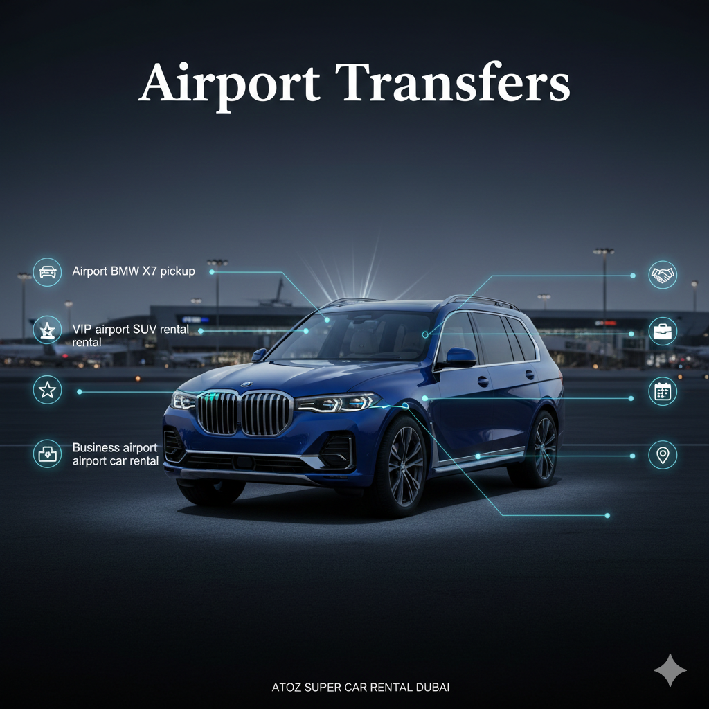 Airport Transfers BMW X7 user guide image showing a premium BMW X7 SUV at an airport terminal with key points on sides: Airport BMW X7 pickup, VIP airport SUV rental, Business airport car rental.
