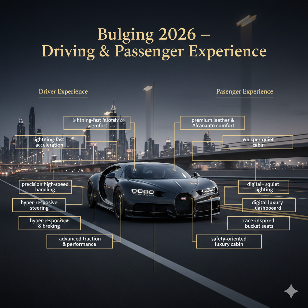 Bugatti Chiron 2026 luxury driving and passenger experience infographic showing performance and comfort features around the hypercar